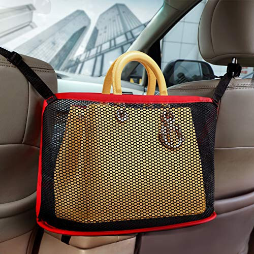 Car Mesh Organizer, Car Net Pocket Handbag Holder, Seat Back Net Bag, Barrier of Backseat Pet Kids, Cargo Tissue Purse Holder, Driver Storage Netting Pouch (Red) - 1