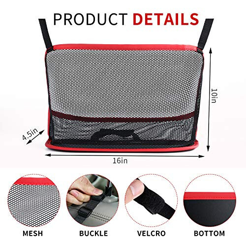 Car Mesh Organizer, Car Net Pocket Handbag Holder, Seat Back Net Bag, Barrier of Backseat Pet Kids, Cargo Tissue Purse Holder, Driver Storage Netting Pouch (Red) - 2