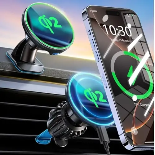 Car Mount for Qi2 MagSafe Wireless Charger, 2-in-1 Dashboard and Air Vent Mount, Strong Adhesive, Heat Resistant, 360° Rotation, Magnetic Phone Holder for Your Car Accessories for iPhone 16 Pro Max - 1