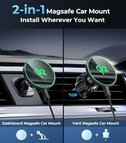 Car Mount for Qi2 MagSafe Wireless Charger, 2-in-1 Dashboard and Air Vent Mount, Strong Adhesive, Heat Resistant, 360° Rotation, Magnetic Phone Holder for Your Car Accessories for iPhone 16 Pro Max - 3
