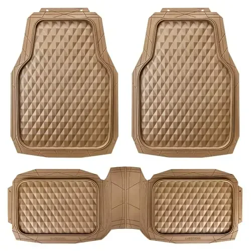 CAR PASS Heavy Duty Rubber Car Mats, Deep Dish All-Weather Floor Mat for Car Full Set Durable Anti-Slip 3D Rhombus Waterproof Trim to Fit Liner Universal Fit Automotive,Sedan,SUV,Truck, 3 Piece Beige 