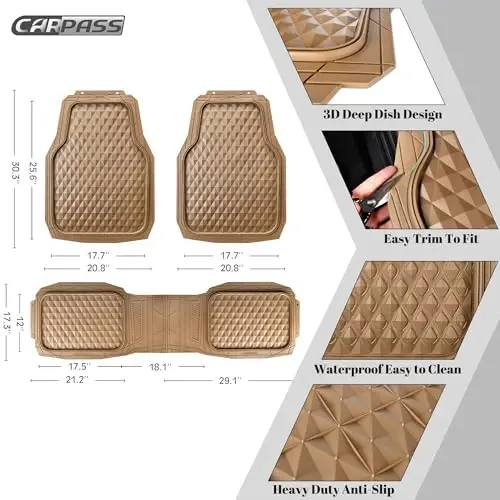 CAR PASS Heavy Duty Rubber Car Mats, Deep Dish All-Weather Floor Mat for Car Full Set Durable Anti-Slip 3D Rhombus Waterproof Trim to Fit Liner Universal Fit Automotive,Sedan,SUV,Truck, 3 Piece Beige - 9
