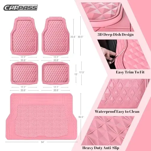 CAR PASS Heavy Duty Rubber Pink Car Floor Mats & Cargo Liners, Deep Dish All-Weather Trunk Mats Durable Anti-Slip 3D Rhombus Waterproof Trim to Fit Liner Universal Fit Auto,Sedan,SUV,Truck, Pink - 3