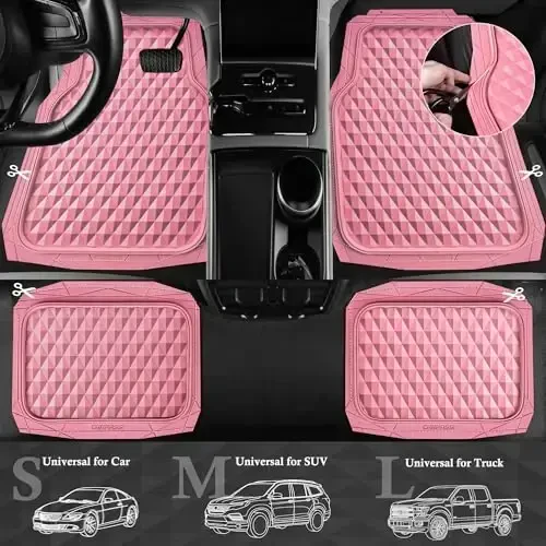 CAR PASS Heavy Duty Rubber Pink Car Floor Mats & Cargo Liners, Deep Dish All-Weather Trunk Mats Durable Anti-Slip 3D Rhombus Waterproof Trim to Fit Liner Universal Fit Auto,Sedan,SUV,Truck, Pink - 5