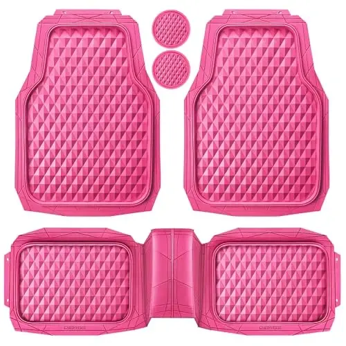 CAR PASS Heavy Duty Rubber Pink Car Floor Mats, Deep Dish All-Weather Full Set Durable Anti-Slip 3D Rhombus Waterproof Trim to Fit Liner Universal Fit Automotive,Sedan,SUV,Truck, 3 Pcs Hot Pink - 1