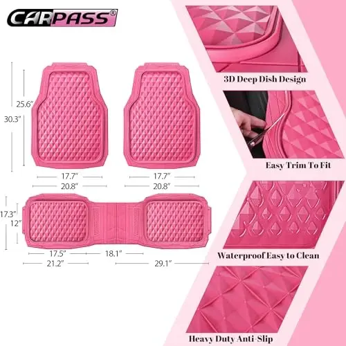 CAR PASS Heavy Duty Rubber Pink Car Floor Mats, Deep Dish All-Weather Full Set Durable Anti-Slip 3D Rhombus Waterproof Trim to Fit Liner Universal Fit Automotive,Sedan,SUV,Truck, 3 Pcs Hot Pink - 3