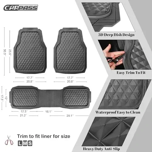 CAR PASS Heavy Duty Charcoal Gray Rubber Car Floor Mats Univeraal Fit, Deep Dish All-Weather Floor Mat for Car, Waterproof Durable Anti-Slip Trim to Fit for SUV Truck Sedan, 3 Piece Full Set Dark Gray - 4