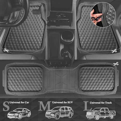 CAR PASS Heavy Duty Charcoal Gray Rubber Car Floor Mats Universal Fit, Deep Dish All-Weather Floor Mat for Car, Waterproof Durable Anti-Slip Trim to Fit for SUV Truck Sedan, 3 Piece Full Set Dark Gray - 5