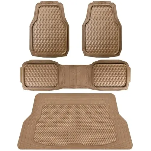 CAR PASS Heavy Duty Rubber Beige Car Floor Mats & Cargo Liners, Deep Dish All-Weather Trunk Mats Durable Anti-Slip 3D Rhombus Waterproof Trim to Fit Liner Universal Fit Auto,Sedan,SUV,Truck, Beige - CAR PASS