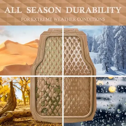 CAR PASS Heavy Duty Rubber Beige Car Floor Mats & Cargo Liners, Deep Dish All-Weather Trunk Mats Durable Anti-Slip 3D Rhombus Waterproof Trim to Fit Liner Universal Fit Auto,Sedan,SUV,Truck, Beige - 3