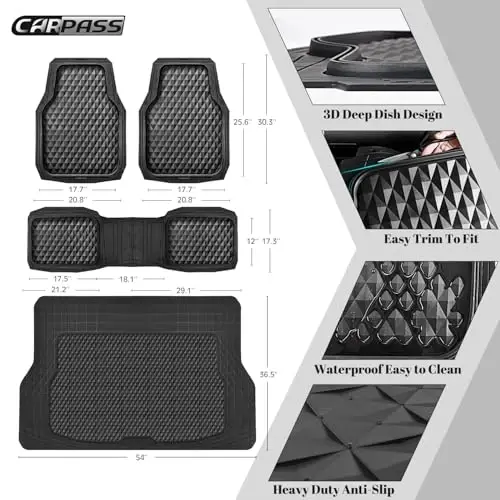 CAR PASS Heavy Duty Rubber Black Car Floor Mats & Cargo Liners, Deep Dish All-Weather Trunk Mats Durable Anti-Slip 3D Rhombus Waterproof Trim to Fit Liner Universal Fit Auto,Sedan,SUV,Truck, Black - 3