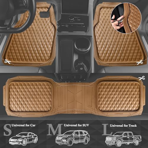 CAR PASS Heavy Duty Rubber Car Mats, Deep Dish All-Weather Floor Mat for Car Full Set Durable Anti-Slip 3D Rhombus Waterproof Trim to Fit Liner Universal Fit Automotive, Sedan, SUV, Truck, 3 Piece Beige - 4