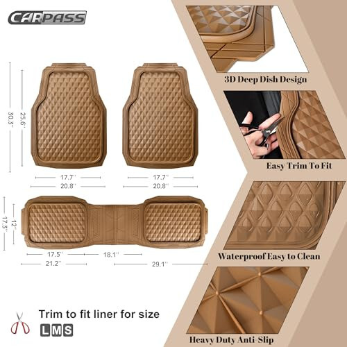 CAR PASS Heavy Duty Rubber Car Mats, Deep Dish All-Weather Floor Mat for Car Full Set Durable Anti-Slip 3D Rhombus Waterproof Trim to Fit Liner Universal Fit Automotive, Sedan, SUV, Truck, 3 Piece Beige - 5