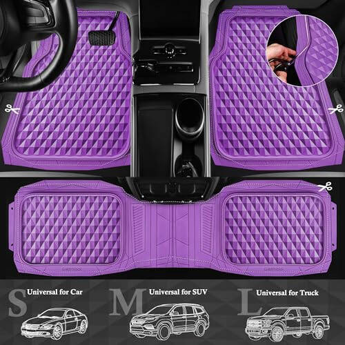 CAR PASS Heavy Duty Rubber Car Mats, Deep Dish All-Weather Floor Mat for Car Full Set Durable Anti-Slip 3D Rhombus Waterproof Trim to Fit Liner Universal Fit Automotive,Sedan,SUV,Truck, 3 Pcs Purple - 4