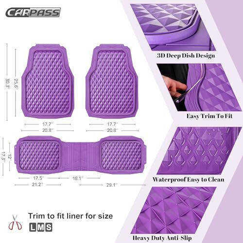 CAR PASS Heavy Duty Rubber Car Mats, Deep Dish All-Weather Floor Mat for Car Full Set Durable Anti-Slip 3D Rhombus Waterproof Trim to Fit Liner Universal Fit Automotive,Sedan,SUV,Truck, 3 Pcs Purple - 5