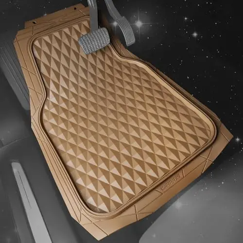 CAR PASS Heavy Duty Rubber Car Mats, Deep Dish All-Weather Floor Mat for Car Full Set Durable Anti-Slip 3D Rhombus Waterproof Trim to Fit Liner Universal Fit Automotive,Sedan,SUV,Truck, 3 Piece Beige - 2
