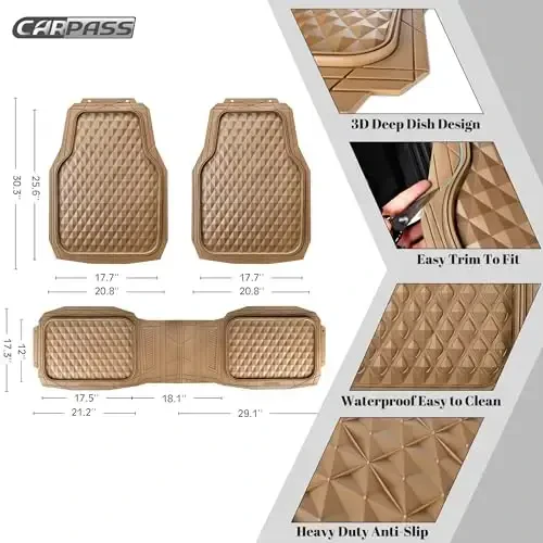 CAR PASS Heavy Duty Rubber Car Mats, Deep Dish All-Weather Floor Mat for Car Full Set Durable Anti-Slip 3D Rhombus Waterproof Trim to Fit Liner Universal Fit Automotive,Sedan,SUV,Truck, 3 Piece Beige - 5