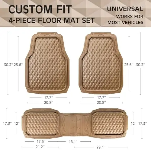 CAR PASS Heavy Duty Rubber Car Mats, Deep Dish All-Weather Floor Mat for Car Full Set Durable Anti-Slip 3D Rhombus Waterproof Trim to Fit Liner Universal Fit Automotive,Sedan,SUV,Truck, 3 Piece Beige - 4