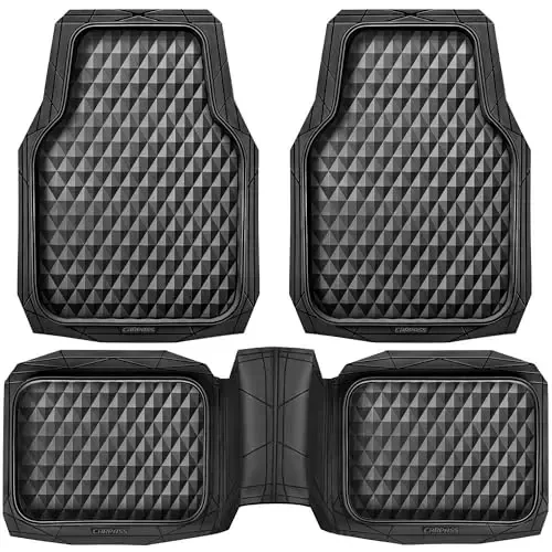 CAR PASS Heavy Duty Rubber Car Mats, Deep Dish All-Weather Floor Mat for Car Full Set Durable Anti-Slip 3D Rhombus Waterproof Trim to Fit Liner Universal Fit Automotive,Sedan,SUV,Truck, 3 Piece Black - CAR PASS