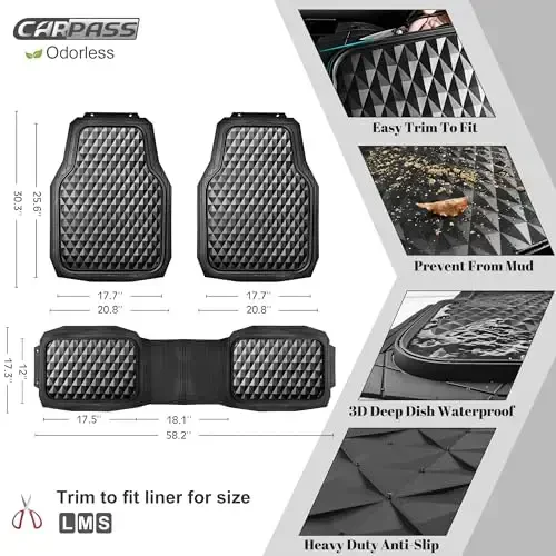 CAR PASS Heavy Duty Rubber Car Mats, Deep Dish All-Weather Floor Mat for Car Full Set Durable Anti-Slip 3D Rhombus Waterproof Trim to Fit Liner Universal Fit Automotive,Sedan,SUV,Truck, 3 Piece Black - 3