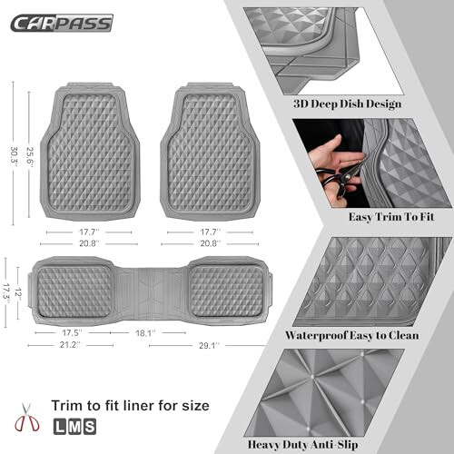 CAR PASS Heavy Duty Rubber Car Mats, Gray Deep Dish All-Weather Car Floor Mat Full Set Durable Anti-Slip 3D Rhombus Waterproof Trim Fit Liner Universal Fit Automotive, Sedan, SUV, Truck, 3 Pcs Light Gray - 5