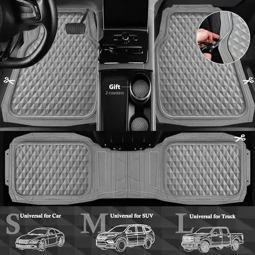 CAR PASS Heavy Duty Rubber Car Mats, Gray Deep Dish All-Weather Car Floor Mat Full Set Durable Anti-Slip 3D Rhombus Waterproof Trim Fit Liner Universal Fit Automotive,Sedan,SUV,Truck, 3 Pcs Light Gray - 3