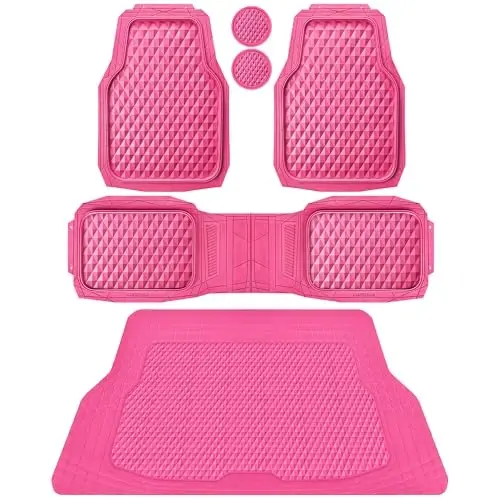 CAR PASS Heavy Duty Rubber Hot Pink Car Floor Mats & Cargo Liners, Deep Dish All-Weather Trunk Mats Durable Anti-Slip 3D Rhombus Waterproof Trim to Fit Liner Universal Fit Auto,Sedan,SUV,Truck, Pink - CAR PASS