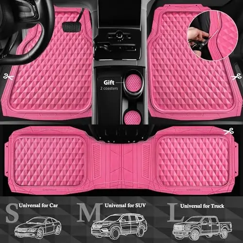 CAR PASS Heavy Duty Rubber Hot Pink Car Floor Mats & Cargo Liners, Deep Dish All-Weather Trunk Mats Durable Anti-Slip 3D Rhombus Waterproof Trim to Fit Liner Universal Fit Auto,Sedan,SUV,Truck, Pink - 3