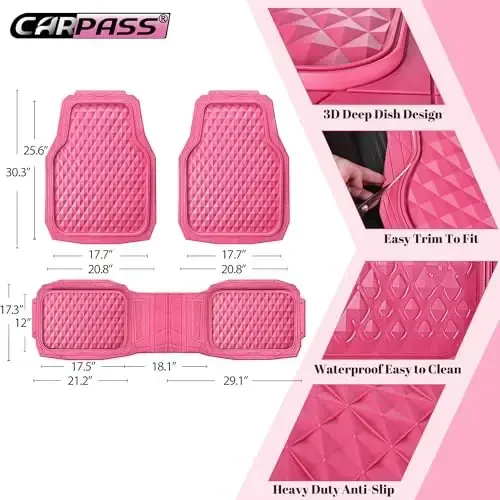 CAR PASS Heavy Duty Rubber Pink Car Floor Mats, Deep Dish All-Weather Full Set Durable Anti-Slip 3D Rhombus Waterproof Trim to Fit Liner Universal Fit Automotive,Sedan,SUV,Truck, 3 Pcs Hot Pink - 3