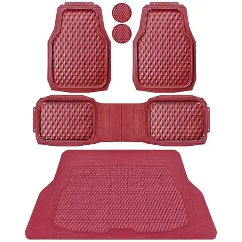 CAR PASS Heavy Duty Rubber Red Car Floor Mats & Cargo Liners, Deep Dish All-Weather Trunk Mats Durable Anti-Slip 3D Rhombus Waterproof Trim to Fit Liner Universal Fit Auto,Sedan,SUV,Truck, Burgundy - 1