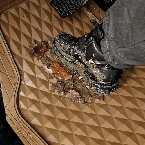 CAR PASS Og'ir yuk mashinalari uchun rezina avtomobil gilamlari, Chuqur idishli har ob-havo uchun gilam to'plami Bardoshli sirpanishga qarshi 3D romb Suv o'tkazmaydigan universal avtomobil, sedan, SUV, yuk mashinalari uchun 3 qismli bej - 8