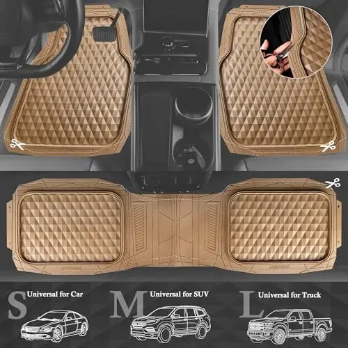 CAR PASS Og'ir yuk mashinalari uchun rezina avtomobil gilamlari, Chuqur idishli har ob-havo uchun gilam to'plami Bardoshli sirpanishga qarshi 3D romb Suv o'tkazmaydigan universal avtomobil, sedan, SUV, yuk mashinalari uchun 3 qismli bej - 4