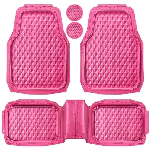 CAR PASS Heavy Duty Rubber Pink Car Floor Mats, Deep Dish All-Weather Full Set Durable Anti-Slip 3D Rhombus Waterproof Trim to Fit Liner Universal Fit Automotive,Sedan,SUV,Truck, 3 Pcs Hot Pink - 1