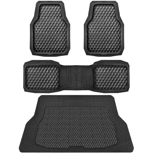 CAR PASS Yuqori yuk ko'taruvchan kauchuk qora avtomobil gilamlari va yuk qoplamalari, chuqur idishli har qanday ob-havo uchun bagaj gilamlari chidamli sirpanishga qarshi 3D Rhombus suv o'tkazmaydigan qirqish uchun universal mos avto, sedan, SUV, yuk mashinasi, qora 