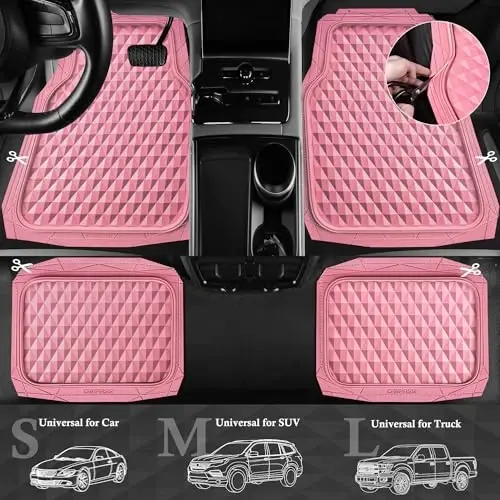CAR PASS Yuqori yuk ko'taruvchi kauchuk pushti avtomobil gilamlari va yuk qoplamalari, chuqur idishli har qanday ob-havo uchun yukxona gilamlari, chidamli sirpanishga qarshi 3D romb suv o'tkazmaydigan qirqish uchun mos qoplama universal mos avto, sedan, SUV, yuk mashinasi, pushti - 5