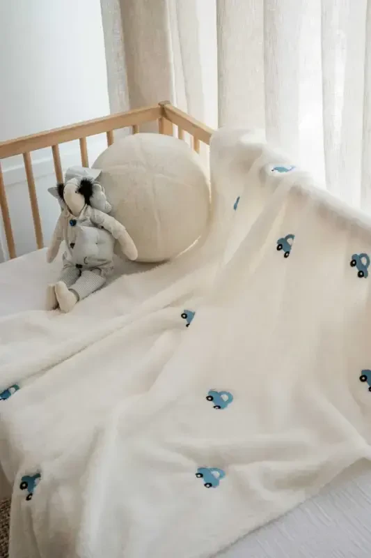 Car Patterned Embroidered Baby Blanket 90 X 110 Cream Wellsoft-Blue Black Cream - DENSHAUS