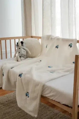 Car Patterned Embroidered Baby Blanket 90 X 110 Cream Wellsoft-Blue Black Cream - DENSHAUS (1)