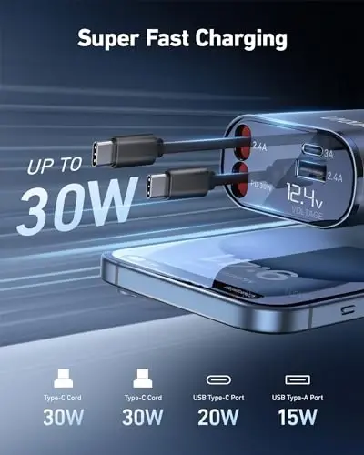 Car Phone Charger Retractable Car Charger 4 in 1 Fast Charger 30W Double USB Type C Retractable Cables 31.5 Inch and 2 USB Ports Car Charger Adapter for iPhone 17/16/15/14/13/12,Samsung,Pixel,iPad - 3