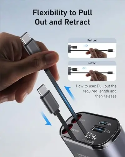 Car Phone Charger Retractable Car Charger 4 in 1 Fast Charger 30W Double USB Type C Retractable Cables 31.5 Inch and 2 USB Ports Car Charger Adapter for iPhone 17/16/15/14/13/12,Samsung,Pixel,iPad - 4