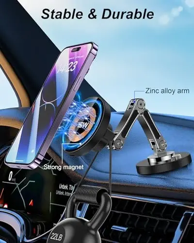 Car Phone Holder Mount, 15W Wireless Charger for Car - Magnetic Phone Holder with Adjustable Arm, 360 Rotation Universal Dashboard Mount for iPhone Samsung - 5