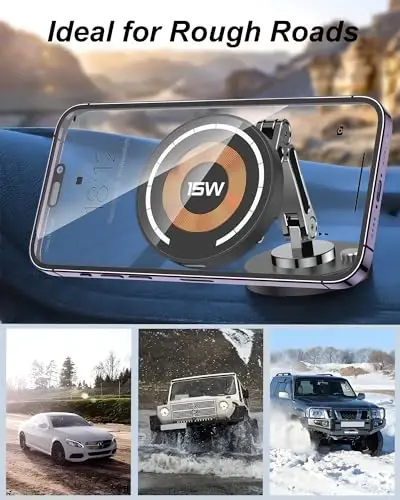Car Phone Holder Mount, 15W Wireless Charger for Car - Magnetic Phone Holder with Adjustable Arm, 360 Rotation Universal Dashboard Mount for iPhone Samsung - 6