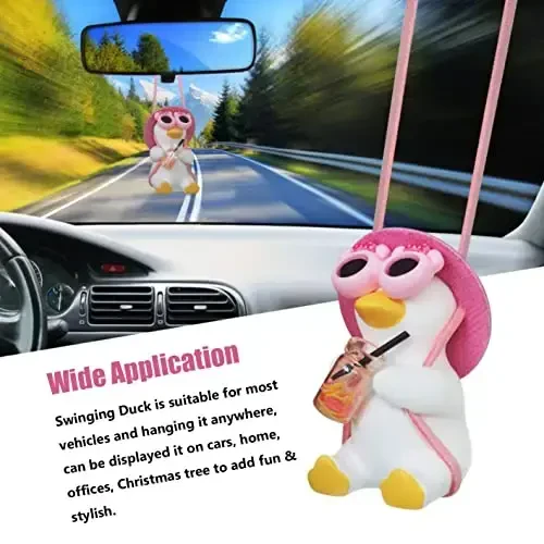 Car Rear View Mirror Hanging Accessories Swinging Duck Rearview Mirrors Ornament Pink Decor for Women Teen Girl Automotive Decorations Interior Aesthetic Things Kawaii Auto Pendant Stuff to Mom Gifts - 4
