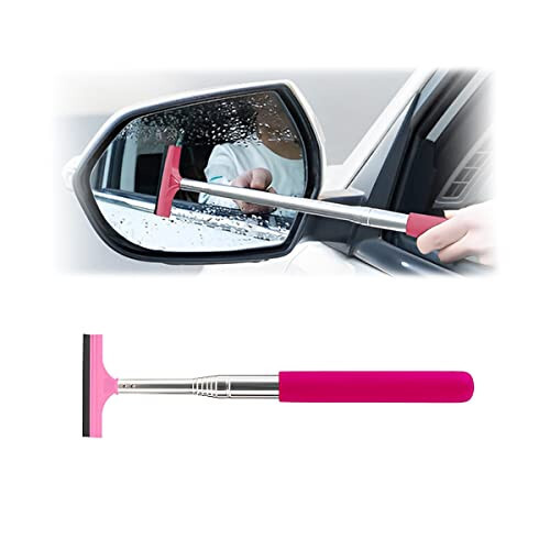 Car Rearview Mirror Wiper, Ret retractable Auto Glass Squeegee, Water Cleaner with Telescopic Long Rod, Portable Cleaning Tool for All Vehicles, Universal Automotive Accessories (Pink) - 1