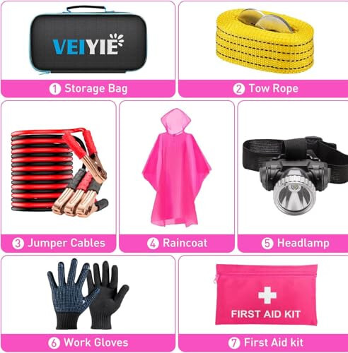 Car Roadside Emergency Kit with Jumper Cables, First Aid Kit for Vehicles, Car Safety Roadside Assistance Kit with Headlamp, Tow Straps, Gloves, Essential Car Accessories. - 7