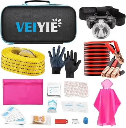 Car Roadside Emergency Kit with Jumper Cables, First Aid Kit for Vehicles, Car Safety Roadside Assistance Kit with Headlamp, Tow Straps, Gloves, Essential Car Accessories. - 1