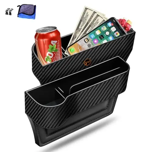 Car Seat Gap Filler Organizer, 2 Pack Multifunctional Auto Console Side Storage Box with Cup Holders 2 Seat Hooks for Drink, Car Organizer Front Seat for Holding Phone, Sunglasses - 1