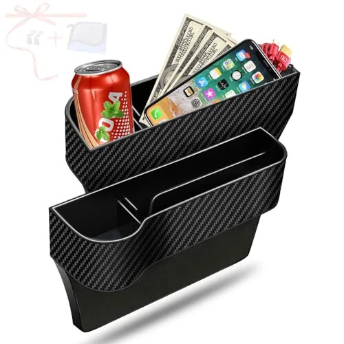 Car Seat Gap Filler Organizer, 2 Pack Multifunctional Auto Console Side Storage Box with Cup Holders 2 Seat Hooks for Drink, Car Organizer Front Seat for Holding Phone, Sunglasses - jiaji