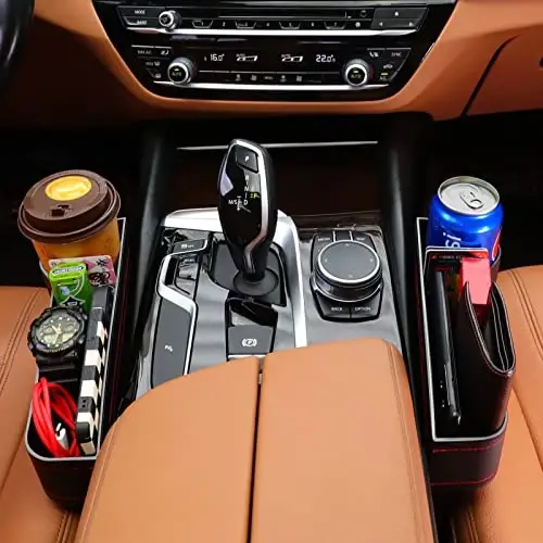 Car Seat Gap Filler Organizer, 2 Pack Multifunctional Car Seat Organizer, Auto Console Side Storage Box with Cup Holders 2 Seat Hooks for Drink, Car Organizer Front Seat for Holding Phone, Sunglasses - 2