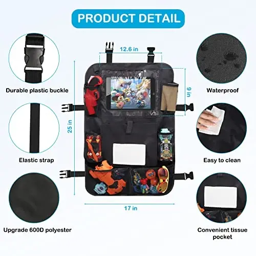 Car Storage Organizer 2 PCS,Car Backseat Organizer for Kids with 10.5 inch Tablet Holder kick mats back seat protector Cover with 9 Storage Pockets for Snacks Drinks Toys,Car Road Trip Accessories - 3