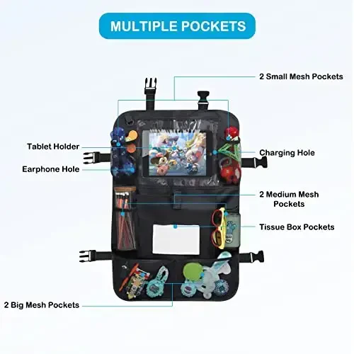 Car Storage Organizer 2 PCS,Car Backseat Organizer for Kids with 10.5 inch Tablet Holder kick mats back seat protector Cover with 9 Storage Pockets for Snacks Drinks Toys,Car Road Trip Accessories - 2